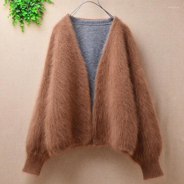 Damenstrick Damen Damen V-Ausschnitt Nerz Kaschmir Kurzer Stil Lange Laternenärmel Angora Pelz Gestrickte Strickjacken Jacke Mantel Pullover