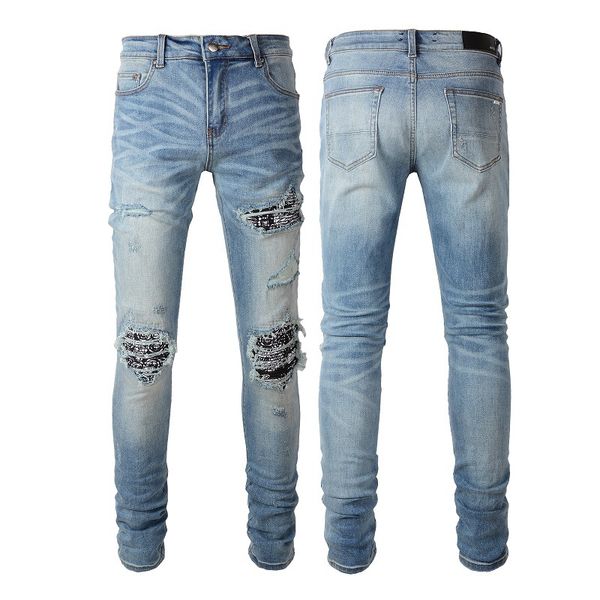 Jeans High Street Uomo in Denim Elasticizzato con Dettaglio Applique Effetto Distressed Lavato Vestibilità Slim