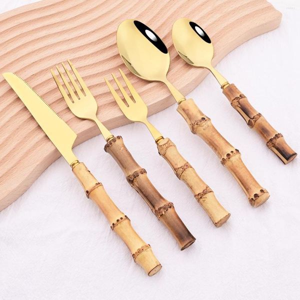 Set di stoviglie 1Pc Oro 304 Acciaio inossidabile Manico di bambù Posate Forchetta Cucchiaio Posate Coltello Insalata Tè Stoviglie