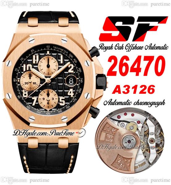 SF 42mm 2647 A3126 Otomatik Kronograf Erkekler Gözlü Gül Altın Siyah Dokulu Kadran Şampanya Alt Deri Kayış Sarı Çizgi Süper Edition Puretime B2