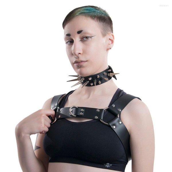 Gürtel Frauen Leder Harness Punk Niet Schwarz Stil Club Tragen Handgemachte Brust Mit Halsband Gothic Lolita