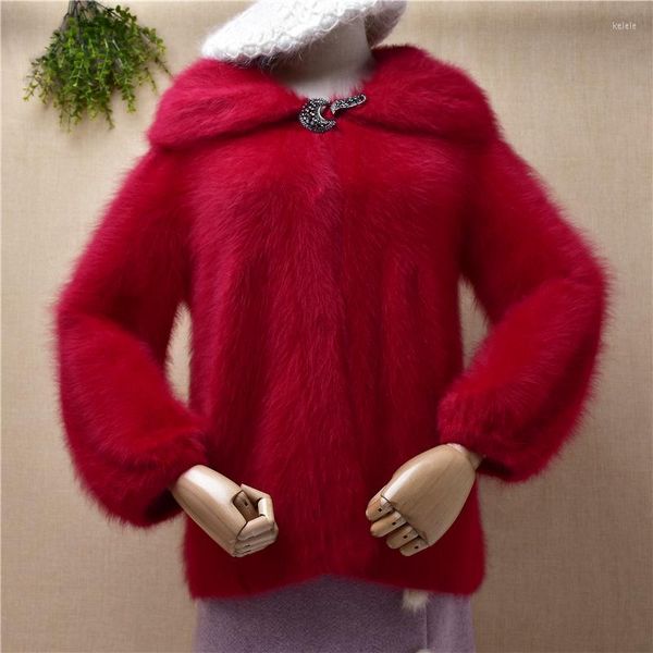 Damen-Strickjacke, Damenmode, Weihnachten, rot, haarig, Nerz, Kaschmir, gestrickt, mit Perlen verziert, Dreiviertelärmel, schmale Strickjacke, Angora-Pelzjacke