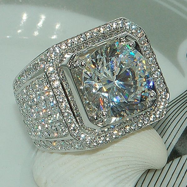 Luxo redondo de cristal branco Rings CZ para homens homens Hip Hop Full Crystal Engagement Ring Band Jewelry Gift