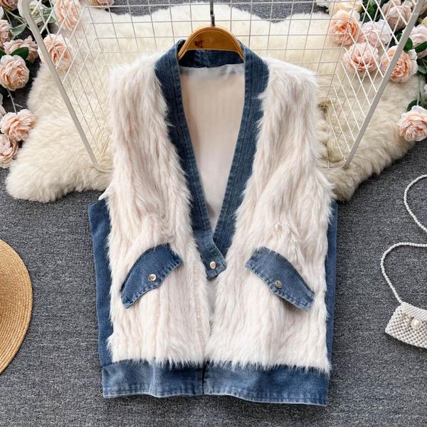 Damenwesten Herbst und Winter Design Sense Blue Denim Stitching Korean Loose Retro Vielseitig Woolen Horse Clip Unterhemd Frau