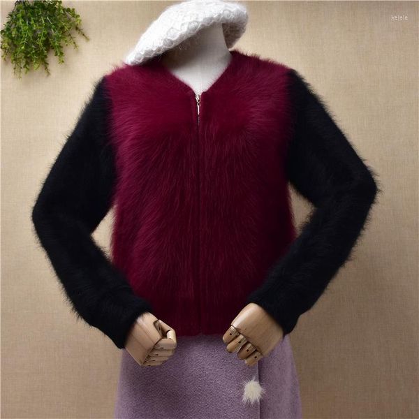 Malhas femininas mulheres mulheres moda moda colorida peluda vislumbra caxemira malha zíper slim suéter curto cardigãs angora jaqueta de peles