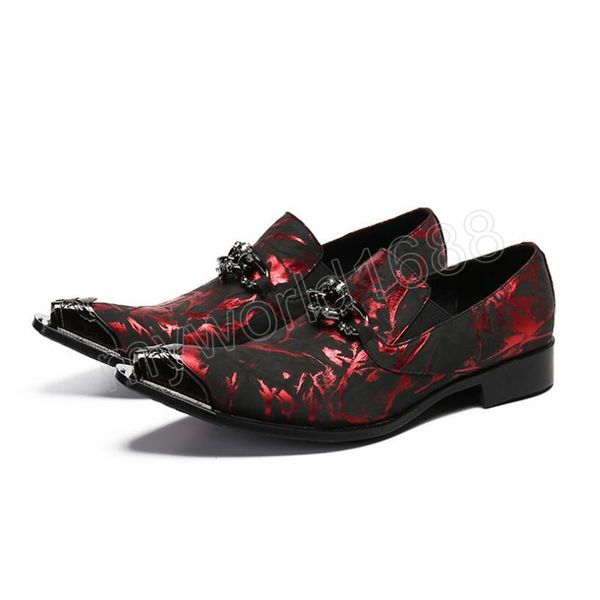 Orijinal deri iş elbisesi erkek ayakkabıları baskılı ayak parmağı kırmızı düğün ayakkabıları metal kariyer iş loafer ayakkabı