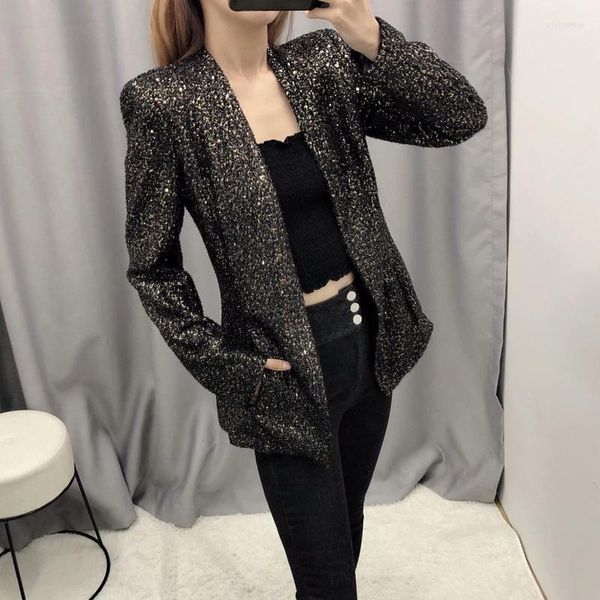 Terno feminino feminino sem lenço de lantejoulas blazer sem gola 2022 Mulheres simples moda de escritório casual terno preto de streetwear indie roupas de trabalho