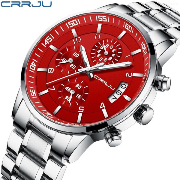 Orologi da polso CRRJU Orologi cronografi sportivi al quarzo da uomo con lancette luminose in acciaio inossidabile 316 Orologio maschile rosso