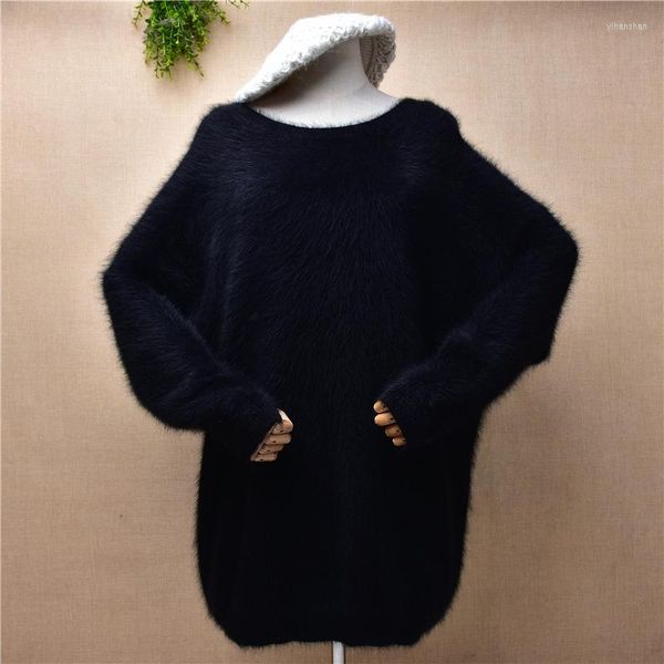 Maglioni da donna Donna Donna Moda Maglione senza schienale nero Visone peloso Cashmere Lavorato a maglia O-Collo Manica lunga a pipistrello Pullover allentato Angora