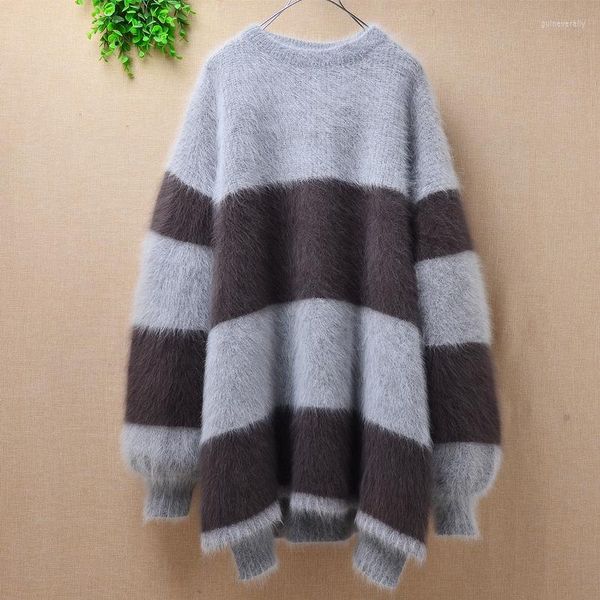 Maglioni da donna Ladies Women Stripe Thick Fashion Lazy Oaf Long Angora Fur Knit O-Collo Maniche a lanterna Pullover allentato Abito maglione