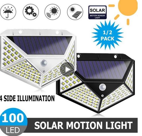 100LED Solar Wandleuchte Innenhof Vierseitig leuchtendes Solarlicht Menschlicher Körper Induktion Wasserdichte Außenleuchte COB Helle Lichter