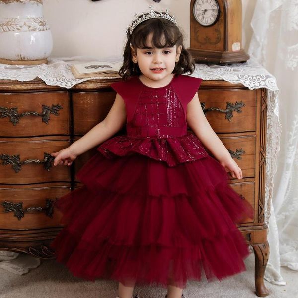 Девушка платья принцесса 6-5 лет рождения детская одежда свадебная вечер темно-красное торт платье для девушек для девочек