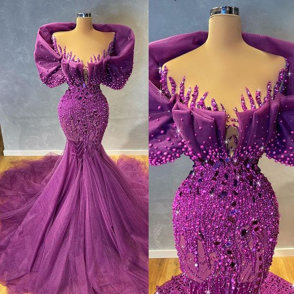 Grazioso abito da sera a sirena viola con scollo a V e perle abito da ballo elegante in pizzo con perline in tulle abiti da cerimonia