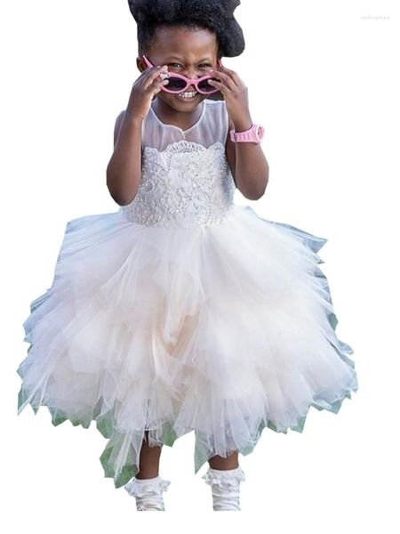 Kız Elbiseler Zarif Dantel Çırpma Tül Çay Uzunluğu Küçük Kız Çocuklar Düğün Partisi İlk Cemaat Prom Elbise için Çiçek