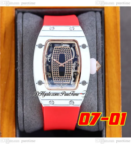 07-01 Weiße Karbonfaser Miyota Automatik Damenuhr Damenuhren Roségold innen schwarze Diamanten Skelettzifferblatt rotes Kautschukarmband Super Edition Puretime D4