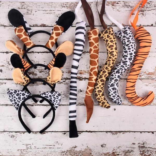 Articoli per feste Costume animale di Halloween Leopardo Tigre Giraffa Zebra Orecchie Cerchio per capelli Coda Set Copricapo per cartoni animati Vestito operato da Cosplay