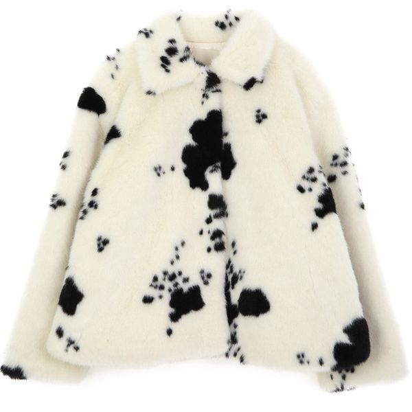 Casaco de casaco feminino Presente de A￧￣o de Gra￧as Inverno Faux Fox Fur Outdoor Lazer Fashion Street Sleeve Longa Cow Print Coats Khaki cinza preto Jaquetas de cores Tamanho S-XL