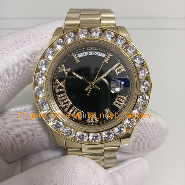 5 Style With Box Herrenuhren Herren 43 mm Gelbgold Schwarzes Zifferblatt Große Diamantlünette Armband Rot Blau Grün Asia 2813 Uhrwerk Automatische mechanische Uhr