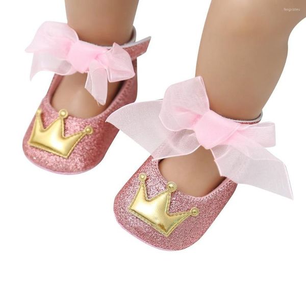 Primi camminatori fiocco nodo nastro paillettes neonate scarpe in pelle bambina corona imperiale suola morbida gancio anello rosa