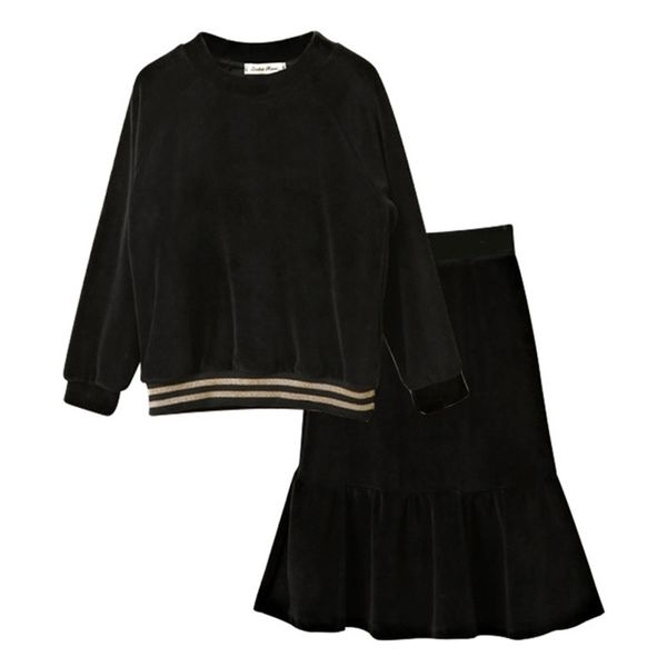 Комплект одежды от 4 до 16 лет Детский подросток Big Girls Black Velor Blouse с длинным рукавом с юбкой для рыбного хвоста 2 кусочки установленная бархатная одежда 221110