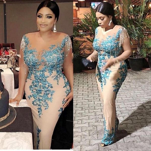 2023 Mãe elegante da noiva Vestidos de jóia Ilusão de pescoço de mangas compridas Apliques de renda de cristal Mermaid Party Evening Wedding convidado Vestidos Africanos nigerianos