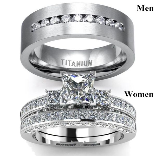 Mode Paar Ringe männer CZ Edelstahl Ring Frauen Platz Cut Kristall Strass Ringe Set Hochzeit Verlobung Schmuck