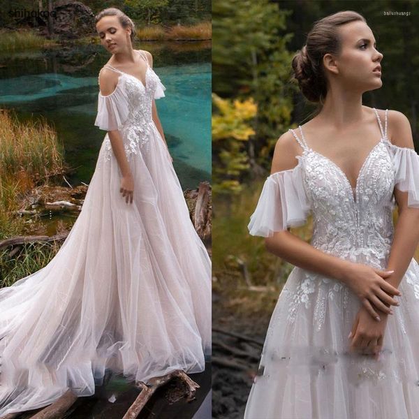 Hochzeit Kleid Sexy Spitze Strand Kleider 2022 Für Frauen Elegante Off The Sholder Ärmeln V-ausschnitt Sweep Zug Nach Maß robe De Mariee