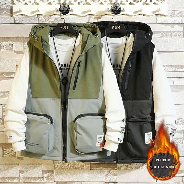 Männer Westen Herbst Winter Fleece Verdickung Baumwolle Männer Weste Große Tasche Weste Mit Kapuze Jacke Hiphop Streetwear PlusSize 7XL