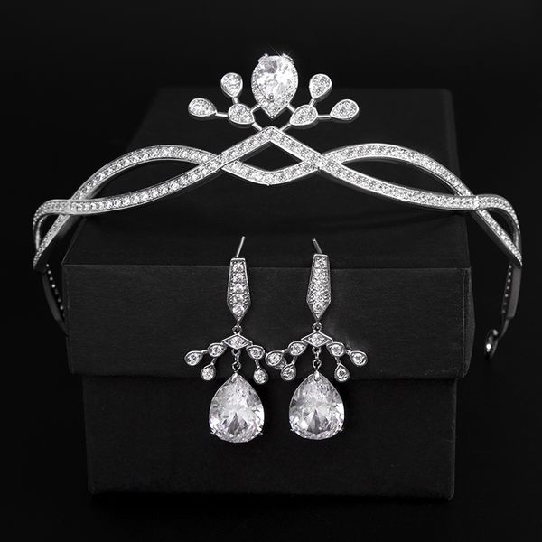 Tiaras de cristal de gota de ￡gua elegantes e capacete da coroa com brincos de j￳ias de casamento de noiva da moda Acess￳rios para cabelos