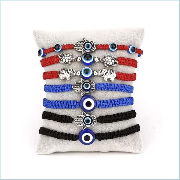 Bracelets de charme Novo Blue Evil Ey Eye Charme Saltigas de corda tran￧ada Bracelets para homens homens Tartaruga elefante Hamsa M￣o Bangle de cordas vermelhas fas dh5ac