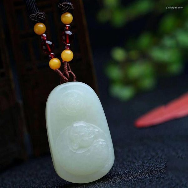 Colares pendentes finos Hetian Natural Stone rindo do colar da corrente de camisola de Buda para homens, mulheres abençoando jóias de transporte