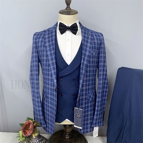 Blazer da uomo Blazer 3 Pcs Set Coat Glet Pants / Fashion Men Casual Business Plaid Big Bass Bass Wedding Wedding Dress Giacca di pantaloni 221111