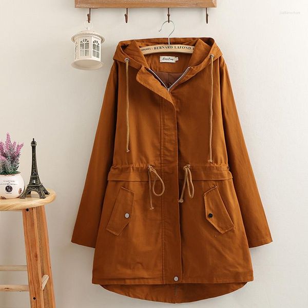 Trench da donna Bel cappotto autunnale per le donne Sciolto di grandi dimensioni Manica lunga con cappuccio Giacca a vento femminile con coulisse Capispalla casual Top R594