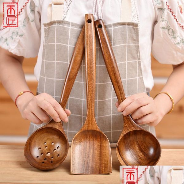 Ложки деревянные рамэн суп -ложки японская кухня Spata Teakwood Fring Rice Edceing Nonsplick Pand Drod
