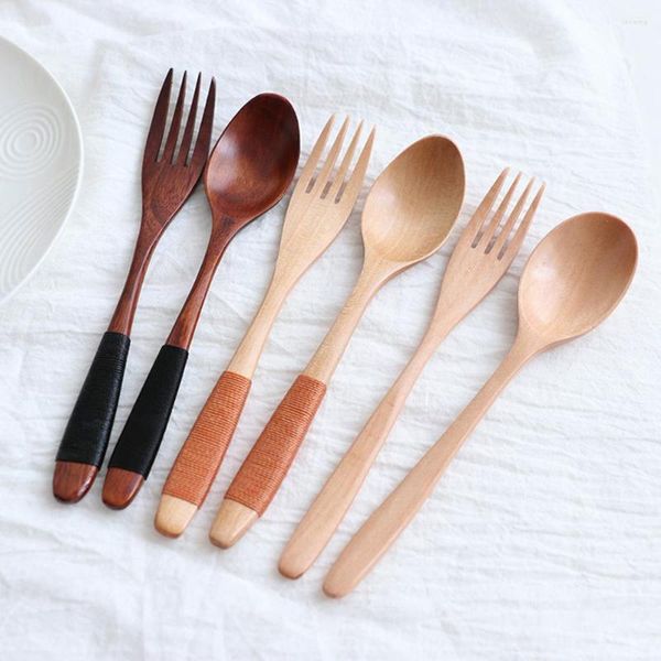 Geschirrsets 1 Set natürlicher Holzlöffel Gabel Gabel Dinner Kit Reissuppen Utensilien Getreide handgefertigtes Heimtabelle Besteck für Küche