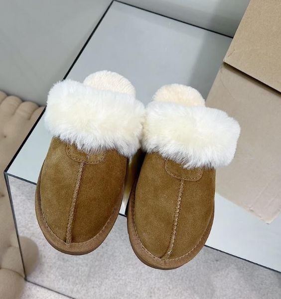 Design Slippers de lã Mulheres, sola espessa peles novas peças de uma peça de soleira de sola grossa embrulhando chinelos de algodão quentes de algodão quente do dedo do pé