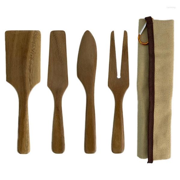 Set di stoviglie 5 pezzi / set Pala Stoviglie in legno Cucina Formaggio Set di posate da viaggio Torta Forchetta da campeggio Cucchiaio Utensili da esterno Bar da pranzo