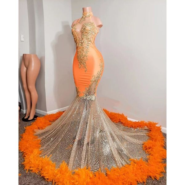 Schwarze Mädchen Orange Meerjungfrau Ballkleider 2022 Satin Perlen Pailletten High Neck Federn Luxus Rock Abend Party Formelle Kleider294R