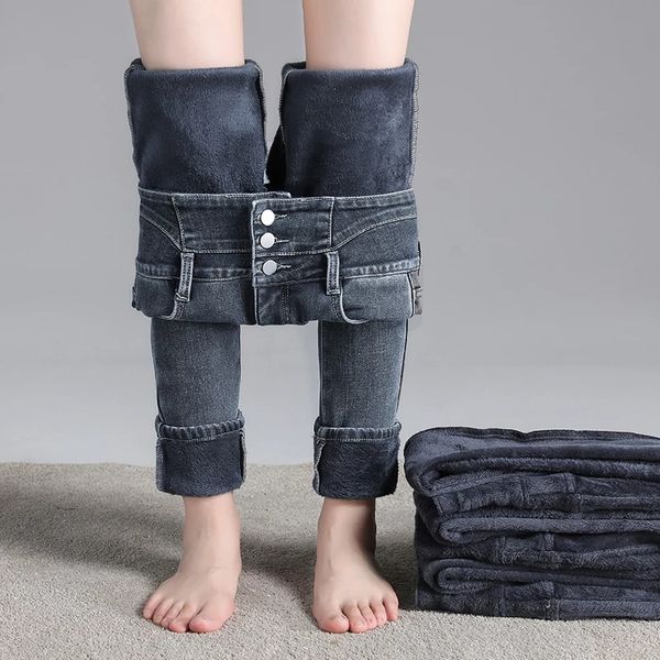 Calças jeans femininas de inverno de 4 cores de lã de veludo grossas e quentes cintura alta mom jeans skinny vintage calça harém de perna larga