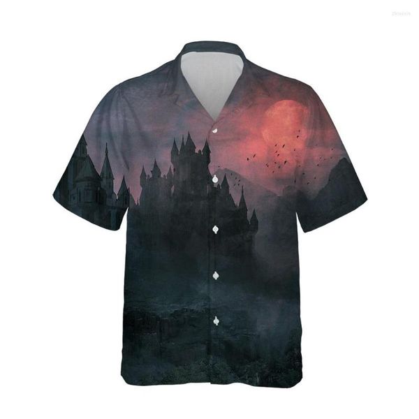 Camicie casual da uomo 3d Castello gotico stampato Camicia a maniche corte hawaiana da uomo Hip Hop Street Dark Style Horror Goth per magliette larghe