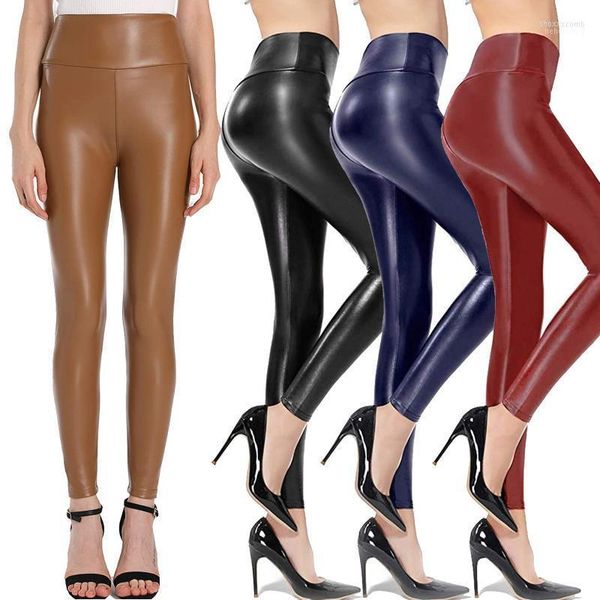 Pantaloni da donna Capris da donna Ladies PU Matte Leggings sexy Punk Black Fashion Vita alta Stretch Push Up