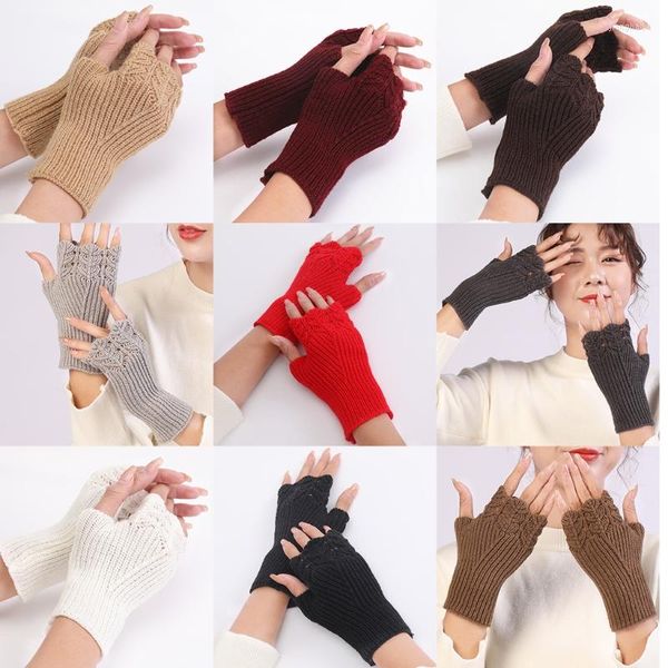 Knieschützer für Damen, Herbst, aushöhlen, gestrickte fingerlose Handschuhe, Fischschuppen-Design, einfarbig, Halbfinger-Fäustlinge, Daumenloch, Armstulpen