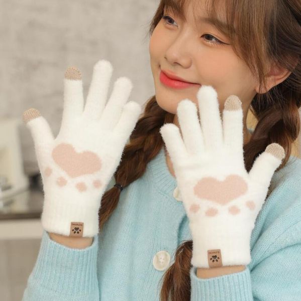 Fashion Cat Paw Druckhandschuhe Mobile Touchscreen Strickfäuses Handschuh Winter Dicke warme erwachsene weiche flauschige Handschuhe Männer Frauen