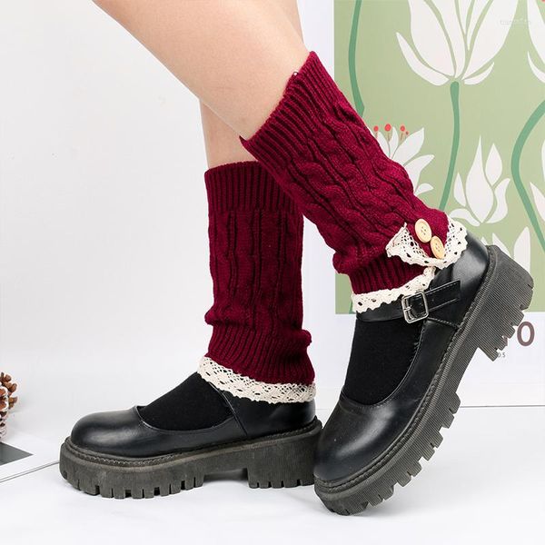 Joelheiras mordas mulheres inverno quente lolita estilo fofo crochê renda as palhetas de bota meias de bota garotas de moda curta