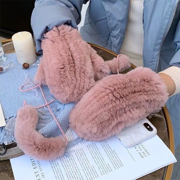 Five Fingers Glove's Winter Real Rex Rabbit Fur Warm Thick Ladies Guanti Elastic Girls Guanti da sci Guanti morbidi con cordino 221111