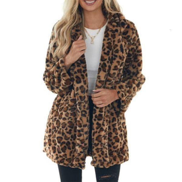 Damen-Lederimitat-Damenmäntel, Winter-Räumungsverkauf, Damen, lockere Leopardenmuster-Nähte, mittellanger, langärmliger Mantel, Jacke mit Tasche 221111