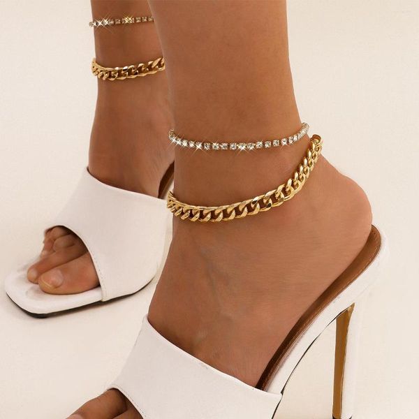 Fußkettchen 2 Teile/satz Hochzeit Frauen High Heel Fuß Knöchel Dicke Kette Barfuß Sandalen Strand Schmuck Sexy Mädchen Glänzende Diamant Fußkettchen kombinierten Anzug