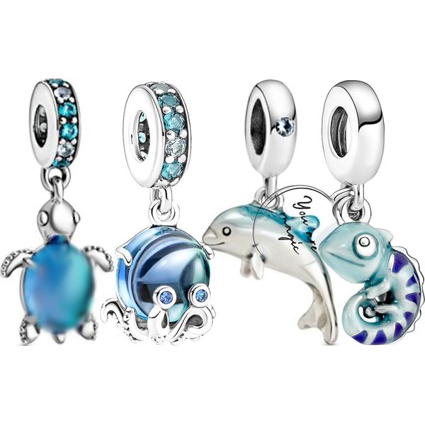 Новый популярный кулон из стерлингового серебра 925 пробы с синим осьминогом и черепахой подходит для примитивных серебряных браслетов Pandora Charm DIY Bead Girl Jewelry