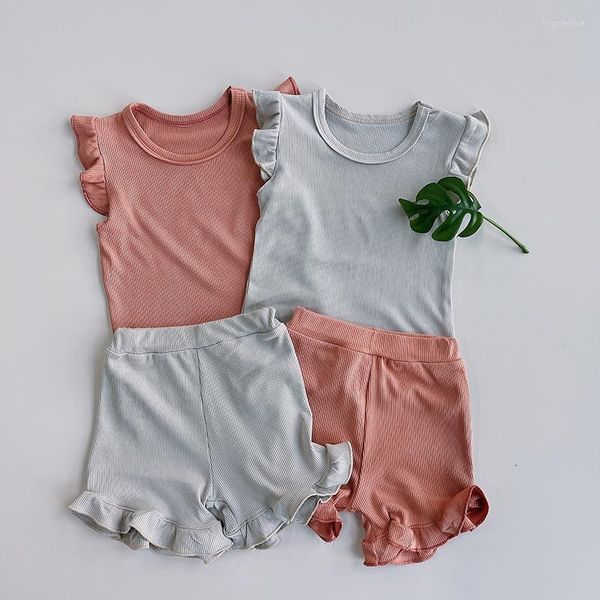 Roupas conjuntos de roupas para meninas roupas 2pcs Verão Summer Solid Children Ruffle Sleeve S-Shirt and Shorts Ternos para crianças Conjunto de crianças