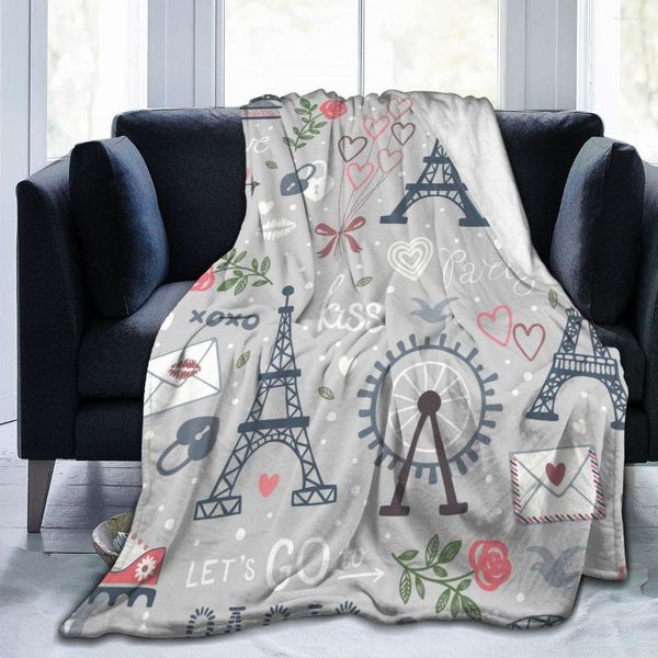 Coperte Coperta di flanella Ruota e Torre Eiffel Leggera Lavaggio meccanico sottile Calda coperta morbida sul divano letto Patchwork da viaggio